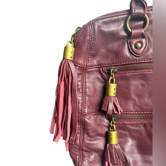 BURGUNDY RACHEL ZOE LUXE LEATHER SATCHEL FRINGE ZIPPER TASSELS - Picture 3 of 16